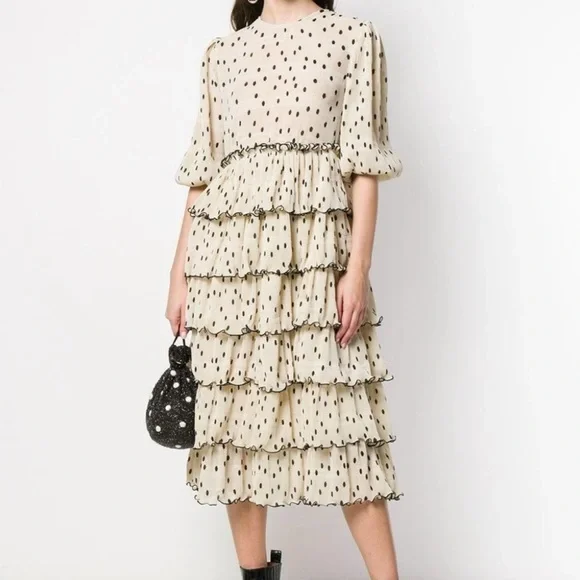 GANNI Lowell Tiered Polka Dot Plisse Beige & Black Midi Dress conservative pleat
